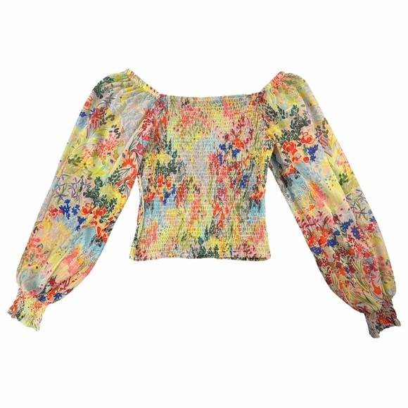 Anthropologie Women's Rouen Yellow Floral Motif Smocked Blouson Top Size Small - Picture 8 of 10
